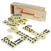 Double Six Dominoes 28 Piece Set Wooden Travel Box Board Game with Brass Spinner - £13.27 GBP