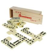 Double Six Dominoes 28 Piece Set Wooden Travel Box Board Game with Brass... - £13.25 GBP
