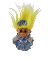 Russ Troll Girl Doll Yellow Hair Blue White Checker Dress Bow No Shoes  - $6.93