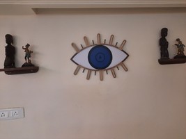 Modern Art Wood Brown Blue Evils Eye  Decorative Wall Art Home Decor  Design - £141.26 GBP