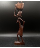 Wood African Woman Carrying Basket Folk Art Figurine Wood Carving Vintage - $24.74