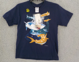 REALLY WILD YOUTH NAVY T-SHIRT SZ M (10-12) ASSORTED SHARKS W/ SNAP ON C... - £9.44 GBP