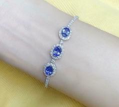 14k White Gold Over Tennis Bracelet Over Oval Blue Sapphire &amp; Diamond 6.45Ct - £135.23 GBP