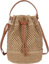 Straw Drawstring Bucket Bag Summer Crochet Tote Purse Pu Leather Strap Crossbody - £39.96 GBP