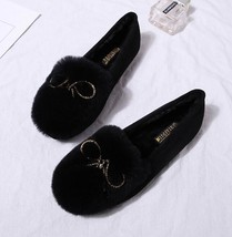 Real Rabbit Loafers Plush Women Flats Large Size Shoes Winter Crystal Bow Girls  - £29.33 GBP