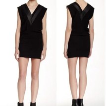 IRO Black Leather Trim Kacil V-Neck Sleeveless Mini Dress, Size 8 Large - £30.35 GBP