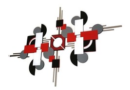 Contemporary Red Black Gray Modern Wood Metal Square Wall Sculpture 56x36 Art69 - £299.77 GBP