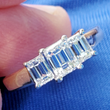 Earth mined Diamond Emerald cut Deco Engagement Ring Vintage 3 stone Solitaire - $5,315.25