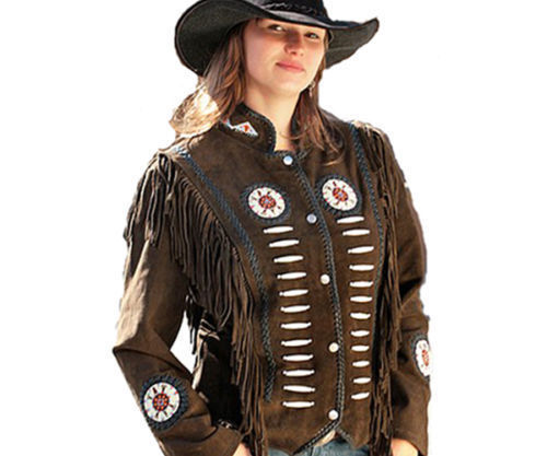 Women's Fringed Beaded Suede Western Indian Jacket Best Quality in brown/black