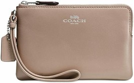 COACH Women&#39;s Box Program Small Wristlet Silver/Stone Beige Wallet Leather New - £66.43 GBP