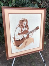 Embroidery Art 1960s Original Hand Made Vintage Mid Century Modern Girl &amp; Guitar - £399.67 GBP