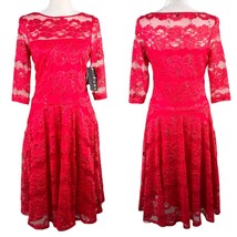 Sangria Dress Red Lace 6 Midi Sheer Neckline Stretch New - $39.99