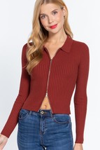 Brick Red Notched Collar Front Zip Long Sleeve Slim Fit Stretchy Knit Sw... - $15.00