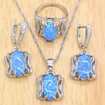 Blue Opal Silver Color Jewelry Sets For Women Necklace Pendant Earrings Rings We - £24.38 GBP