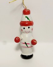 Vintage 1960s Japan Christmas Ornament Snowman Hat 2&quot; Handmade Hand Painted Wood - £12.68 GBP