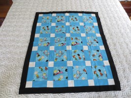 Handmade CHARLIE BROWN Blue &amp; White COTTON PATCHWORK QUILT TOP - 29.5&quot; x... - £19.54 GBP