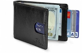 RFID Blocking Bifold Slim Genuine Grain Leather Slim Wallet For Men Jet Black - £69.42 GBP