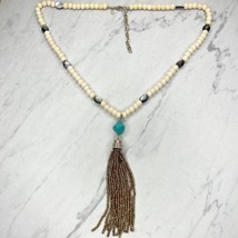 Chico&#39;s Cream Beaded Faux Turquoise Gold Tone Tassel Pendant Statement Necklace - £12.85 GBP