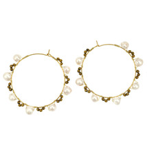 Chic Medley of Freshwater White Pearls  and Beads Brass  50mm Hoop Earrings - $15.24