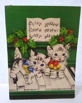 Christmas Greeting Card White Black Piano Playing Kittens Cats Musicians Vintage - £10.11 GBP