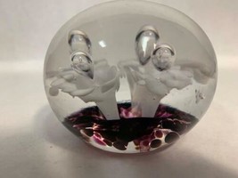 Glass Art Vintage Glass Paperweight Purple White Floral Bubbles - $39.59