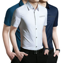 NWT Korean Style Men&#39;s Fashion Short Sleeve Casual Soild Dress Shirt Slim Fit - £15.71 GBP