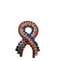 Vtg Breast Cancer Ribbon Rhinestone Patriotic Flag Red White Blue Brooch USA  - £9.72 GBP