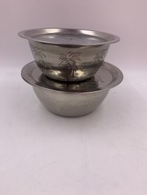 Set of 2 Metal Bowls Silver with Etched Palm Trees and Lids Paradise Souvenir - £11.18 GBP