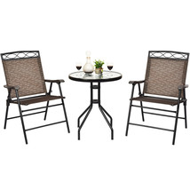 3 PCS Bistro Conversation Patio Pub Dining Set W/ 2 Folding Chairs &amp; Glass Table - $204.99