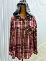 VTG Mudd Hooded Flannel Shirt Button Up Womens Size L Tartan Plaid Check Shacket - £19.46 GBP