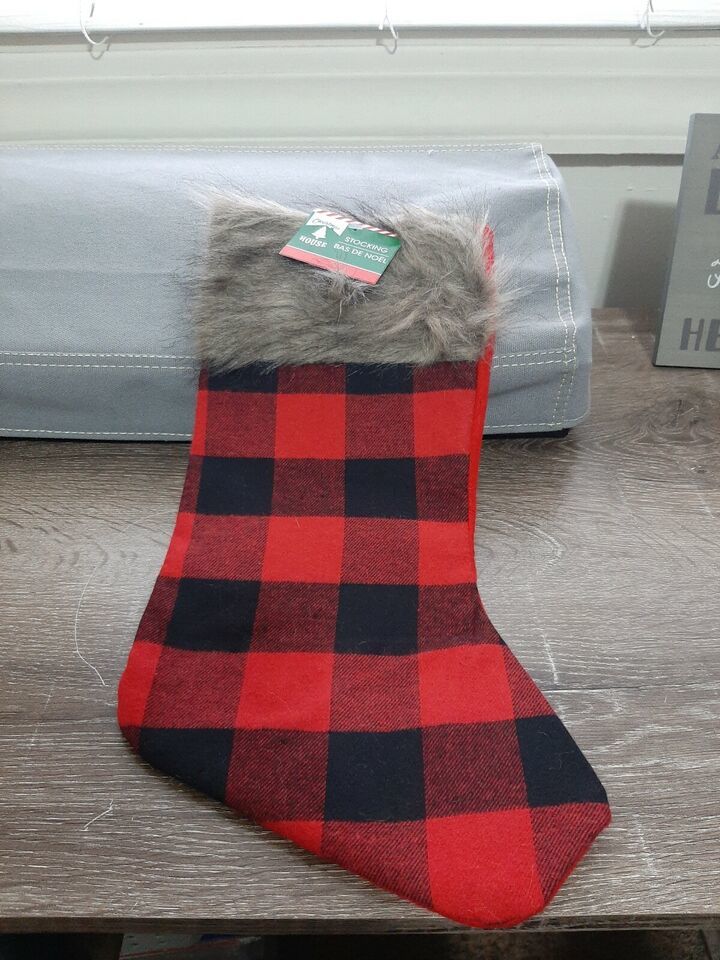 Christmas House Red and Black Plaid Christmas Stocking, With Fur 15 in. NEW - $11.74