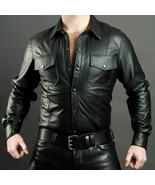 Men&#39;s Boys Hot Police Shirt Lederhemd Real Soft Lambskin Leather Cuir Sc... - $165.64 CAD
