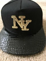 New York NY Men&#39;s Cap Hat Adjustable Snap Back Black w Gold Tone - £33.92 GBP