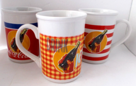 Lot 3 COCA COLA Coffee Mugs Red White Blue Assorted Patterns Heavy Ceramic - £11.09 GBP