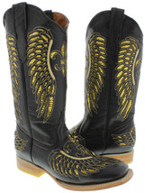 Womens Western Wear Boots Black Leather Gold Sequin Inlay Wings Size 5.5, 6, 6.5 - £66.31 GBP