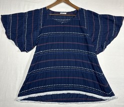 Mettle Blue Short Sleeve Blouse Flutter Sleeve Fringe Women’s L - $242.96 MXN