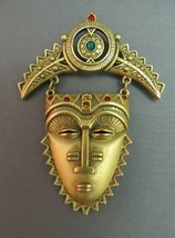 AVON Bold Native Face Egyptian Mask Brooch Bronze Gold Tone Rhinestones Pin 90s - £28.14 GBP