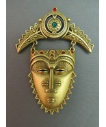 AVON Bold Native Face Egyptian Mask Brooch Bronze Gold Tone Rhinestones ... - £27.56 GBP
