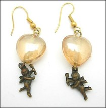 Glass Hearts &amp; Cupids Earrings Pierced Vintag Peach Color Dangle Dark Goldtone - £10.38 GBP