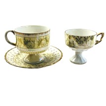 Vintage 2 Pedestal Tea Cups 2.75&quot; And Cutwork Saucer 5&quot; Gold Trim Unbranded - £26.02 GBP