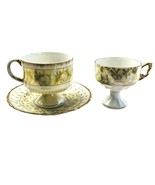 Vintage 2 Pedestal Tea Cups 2.75&quot; And Cutwork Saucer 5&quot; Gold Trim Unbranded - £25.49 GBP