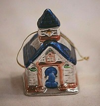 Ceramic Christmas Village Tree Ornament Blue Church Metallic Glaze Town ... - $12.86