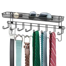 mDesign Steel Wall Mount Organizer Hanger Rack Holder with 8 Hooks and Storage B - £26.88 GBP