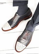  New Handmade Two Tone Black &amp; White Real Leather Brogue Shoes, Men leather Shoe - £115.80 GBP
