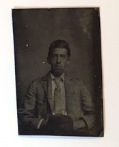 Tiny Antique Tintype Photo of Young Man with Hat in Front of Hands 1898 - £10.45 GBP