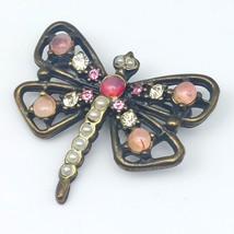 Vintage Yosca Small Dragonfly Brooch with Crystals and Pearls and Poured Glass, - £138.40 GBP