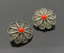 ISRAEL 925 Silver - Vintage Coral Floral Motif Non Pierce Earrings - EG10683 - £37.26 GBP