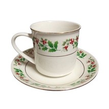 Gibson Everyday CHRISTMAS CHARM  2-Flat Cups &amp; 2-Saucers 8 Oz Holly Berry Charm - £21.80 GBP