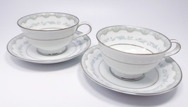 Noritake Margaret Cups and Saucers Set of 2 Tea Coffee White Green Platinum 6243 - £19.35 GBP