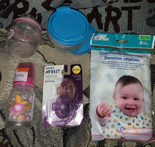 Lot Of Assorted Baby Bottles, Pacifiers &amp; Bibs Tommee Tippee Swiggles Pl... - £20.41 GBP